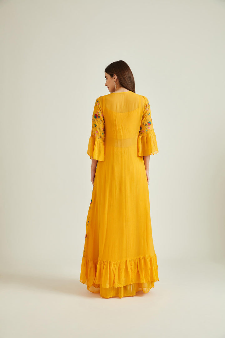 Neerus Yellow georgette embellished co-ord set - back view