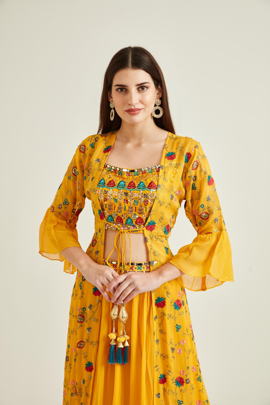 Neerus Yellow georgette embellished co-ord set - side view