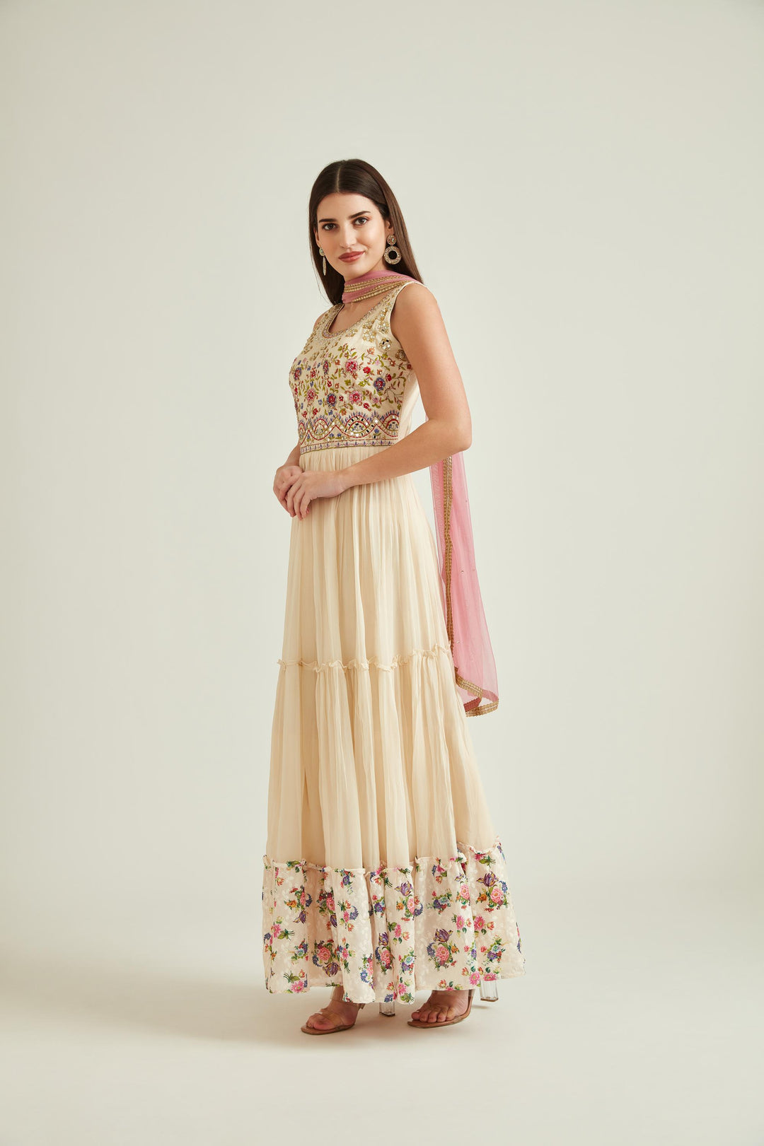 Neerus Cream Colour Georgette Fabric Suit