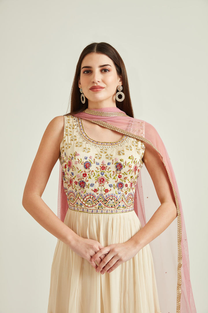 Neerus Cream Colour Georgette Fabric Suit