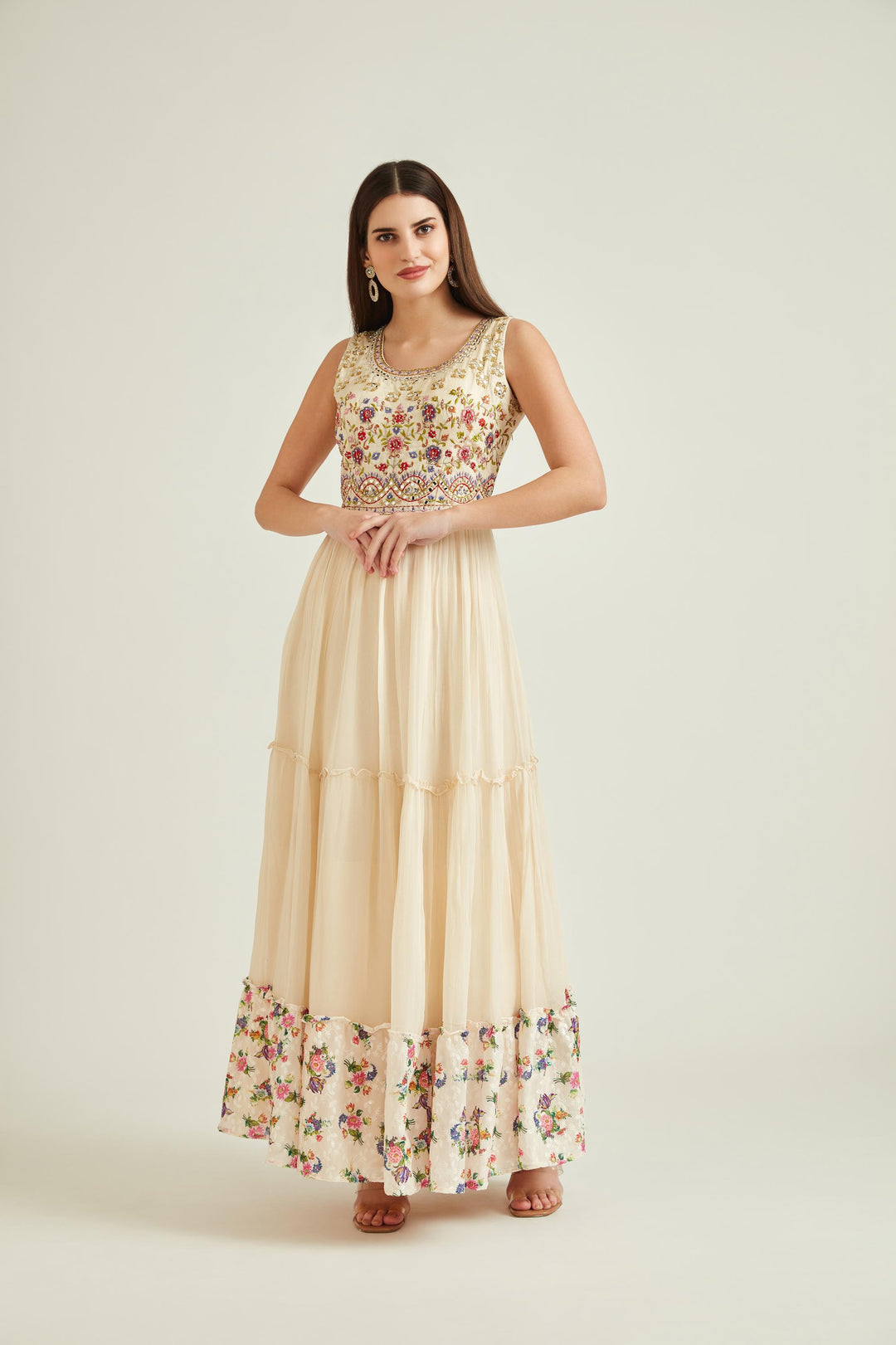 Neerus Cream Colour Georgette Fabric Suit