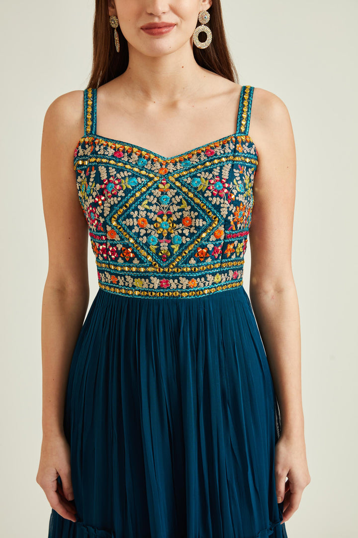 Neerus Blue georgette mirror work tiered gown - detail view 1