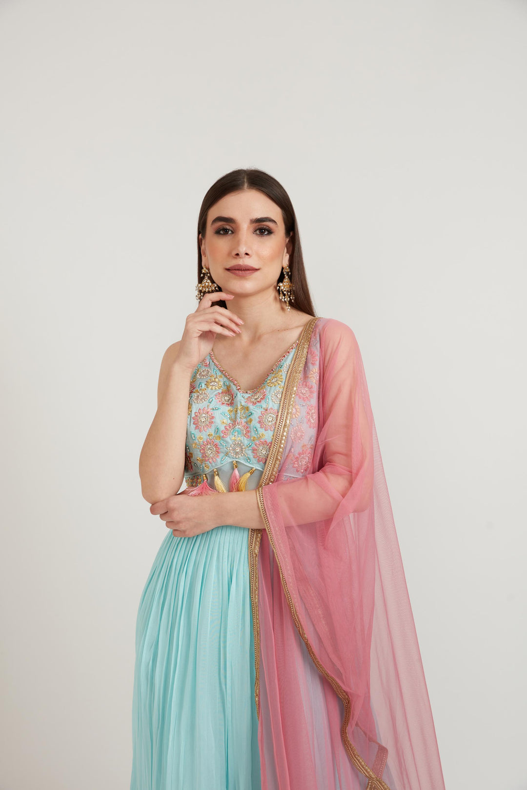 Neerus Green georgette embroidered anarkali suit set - back view