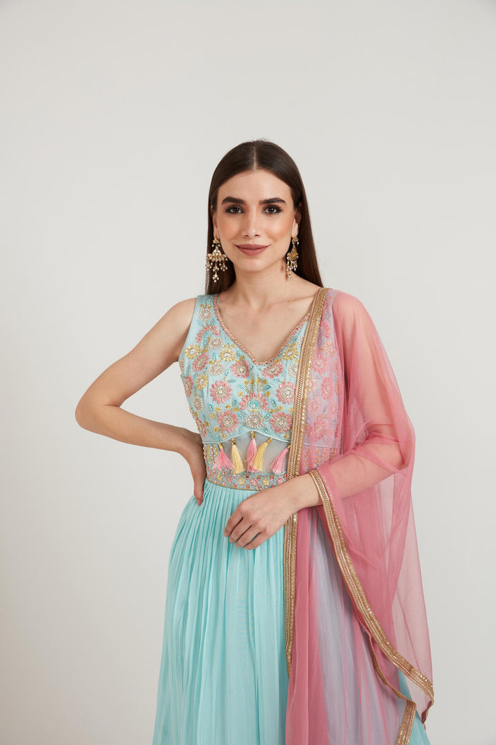 Neerus Green georgette embroidered anarkali suit set - side view