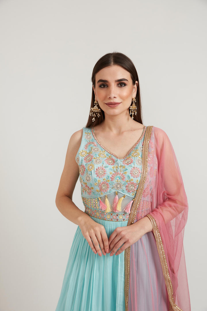 Neerus Green georgette embroidered anarkali suit set - detail view 1
