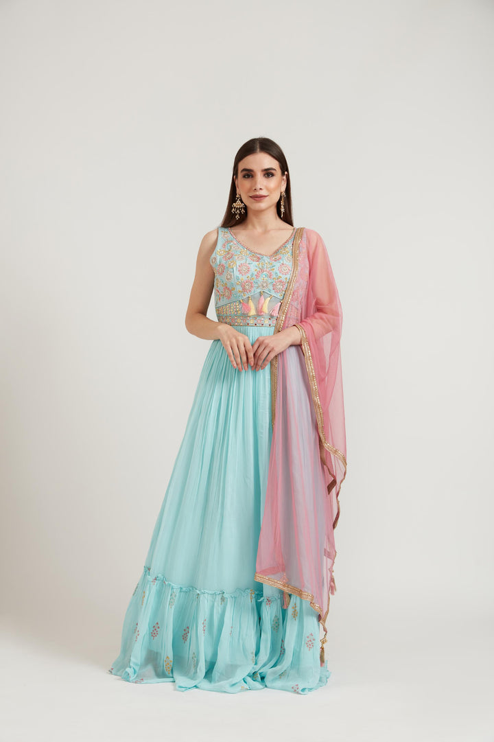 Neerus Green georgette embroidered anarkali suit set - front view