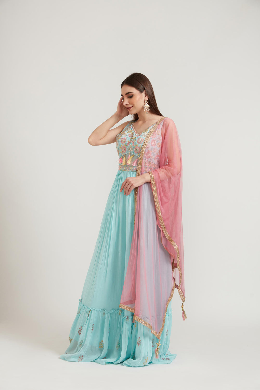 Neerus Green georgette embroidered anarkali suit set - detail view 2