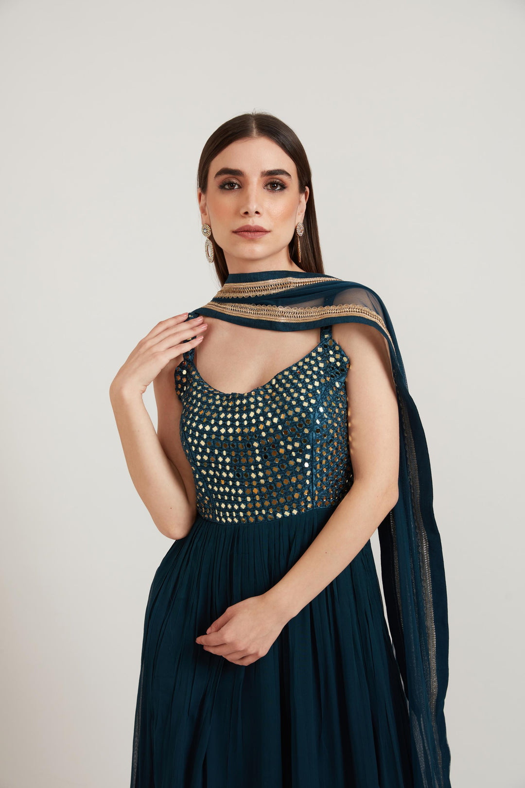 Neerus Peacock Color Georgette Fabric Anarkali Suit