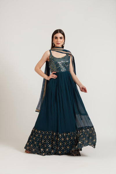 Neeru'S Peacock Color Georgette Fabric Anarkali Suit