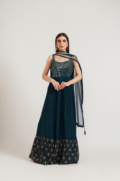 Neeru'S Peacock Color Georgette Fabric Anarkali Suit