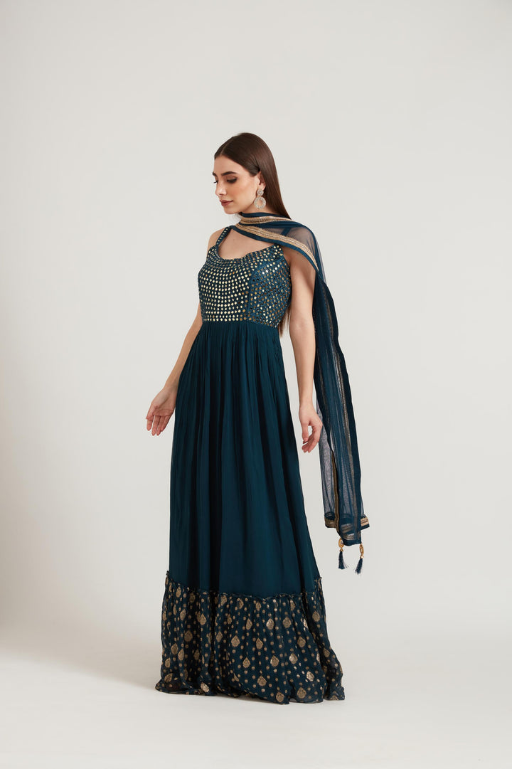 Neerus Peacock Color Georgette Fabric Anarkali Suit