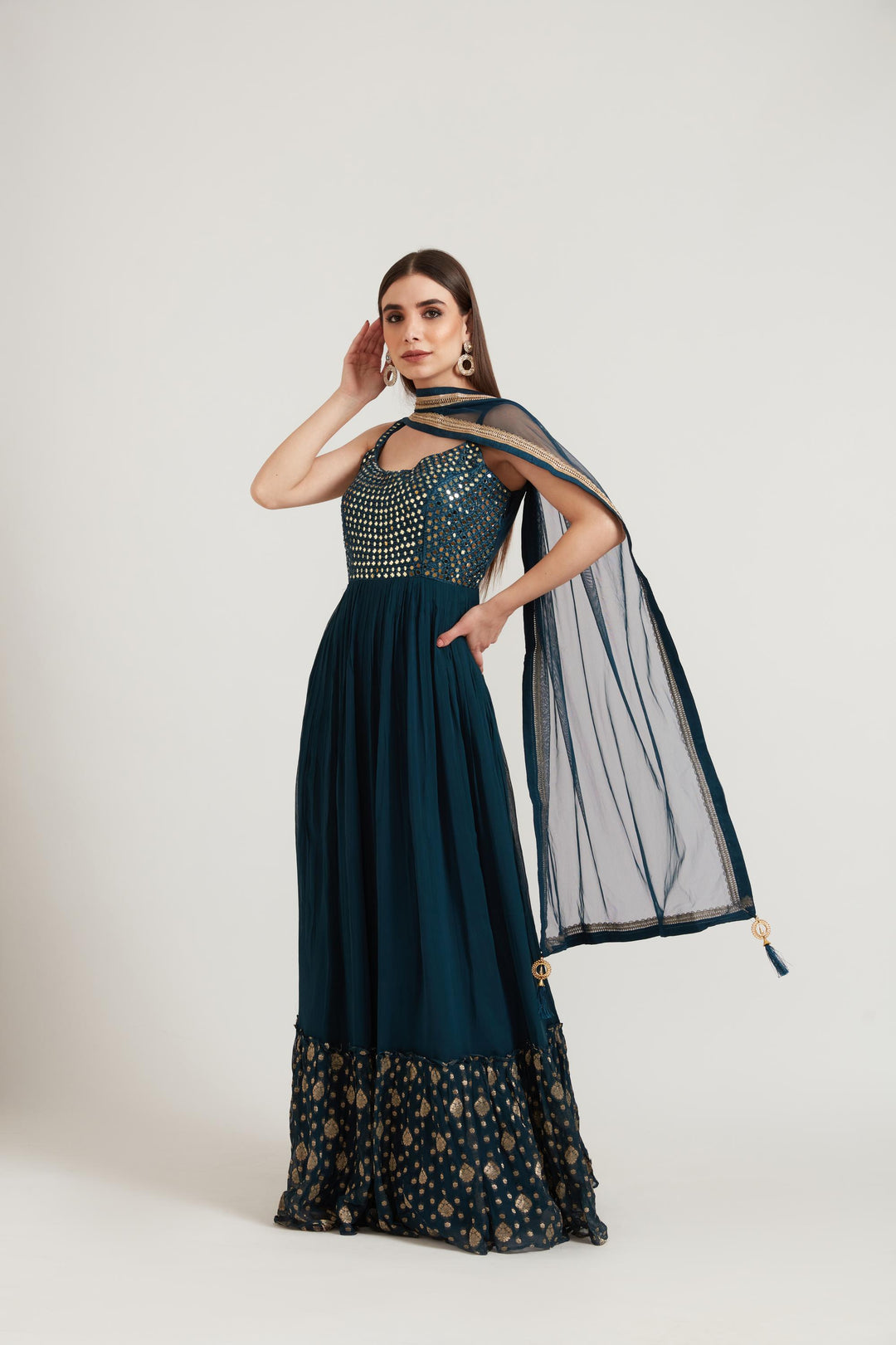 Neerus Peacock Color Georgette Fabric Anarkali Suit