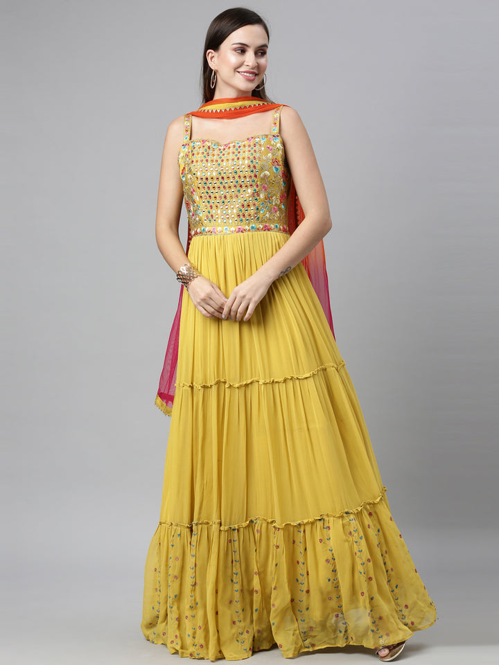Neerus Mustard Color Poly Georgette Fabric Anarkali Sets With Dupatta