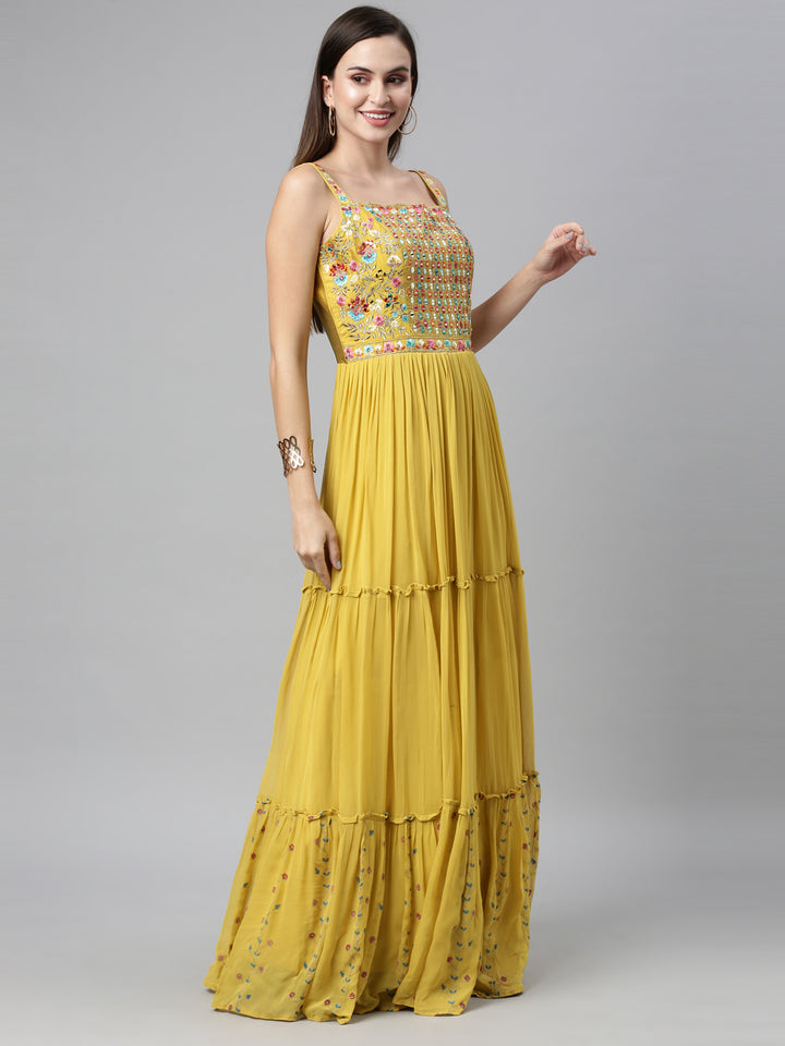 Neerus Mustard Color Poly Georgette Fabric Anarkali Sets With Dupatta