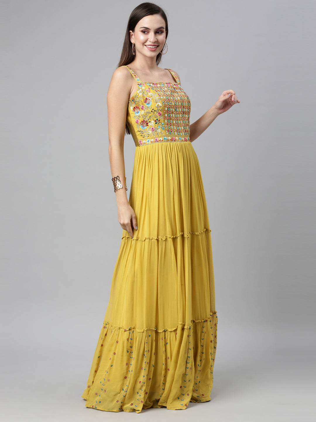 Neeru'S MUSTARD color, Poly Georgette fabric Anarkali Sets With Dupatta