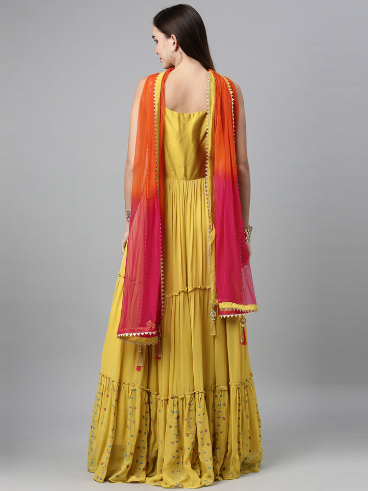 Neerus Mustard Color Poly Georgette Fabric Anarkali Sets With Dupatta