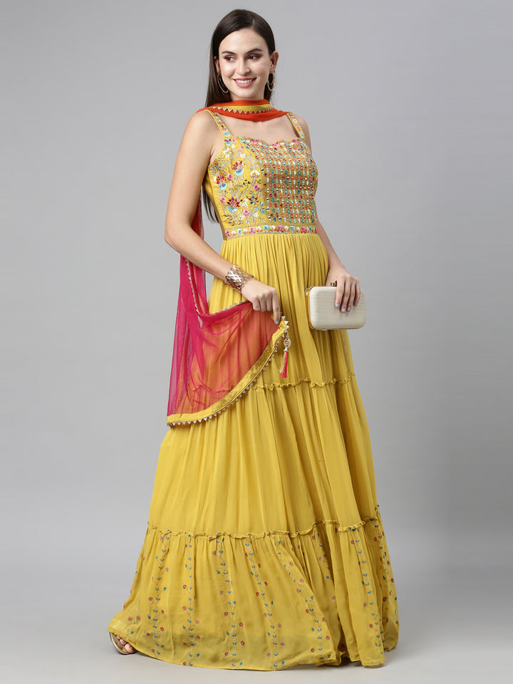 Neerus Mustard Color Poly Georgette Fabric Anarkali Sets With Dupatta