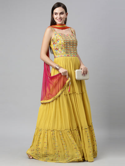 Neeru'S MUSTARD color, Poly Georgette fabric Anarkali Sets With Dupatta