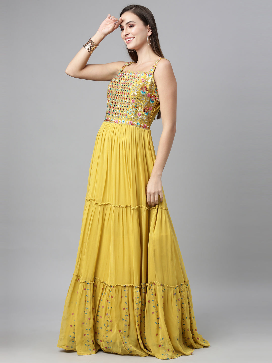 Neeru'S MUSTARD color, Poly Georgette fabric Anarkali Sets With Dupatta