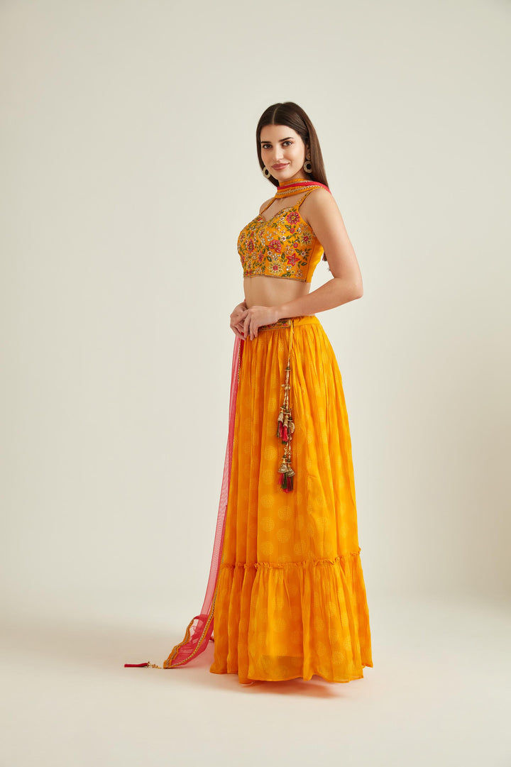 Neerus Yellow georgette embellished lehenga set - front view