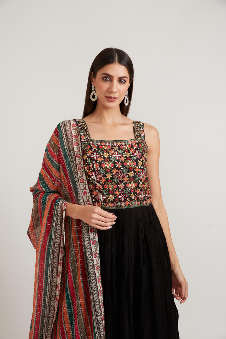 Neerus Black Color Georgette Fabric Anarkali Suit