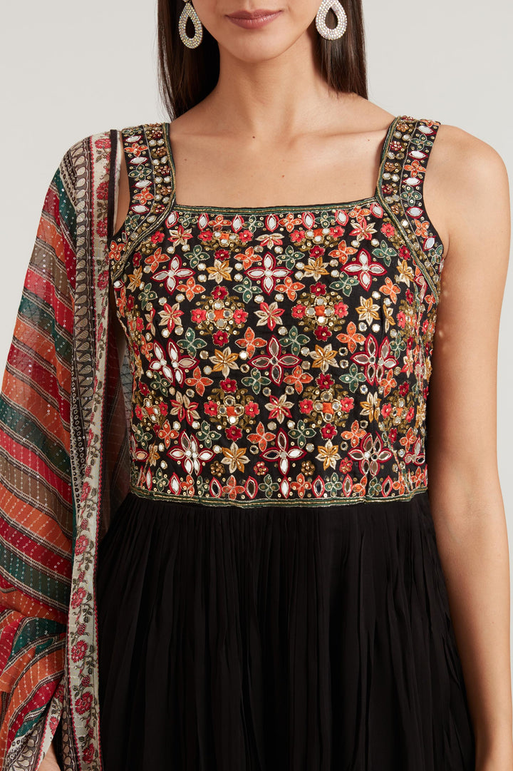 Neerus Black Color Georgette Fabric Anarkali Suit