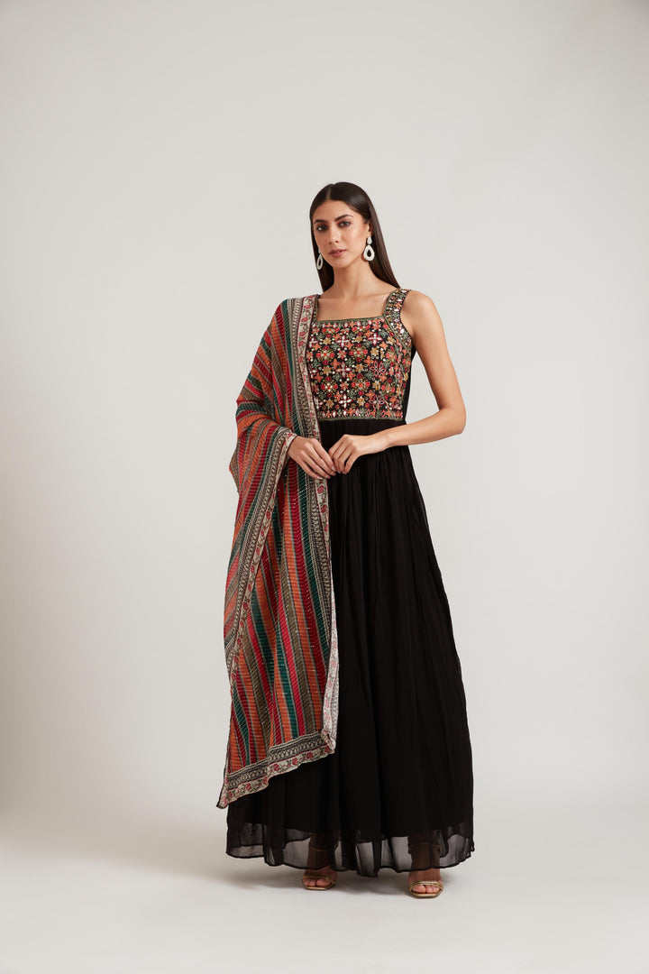 Neerus Black Color Georgette Fabric Anarkali Suit