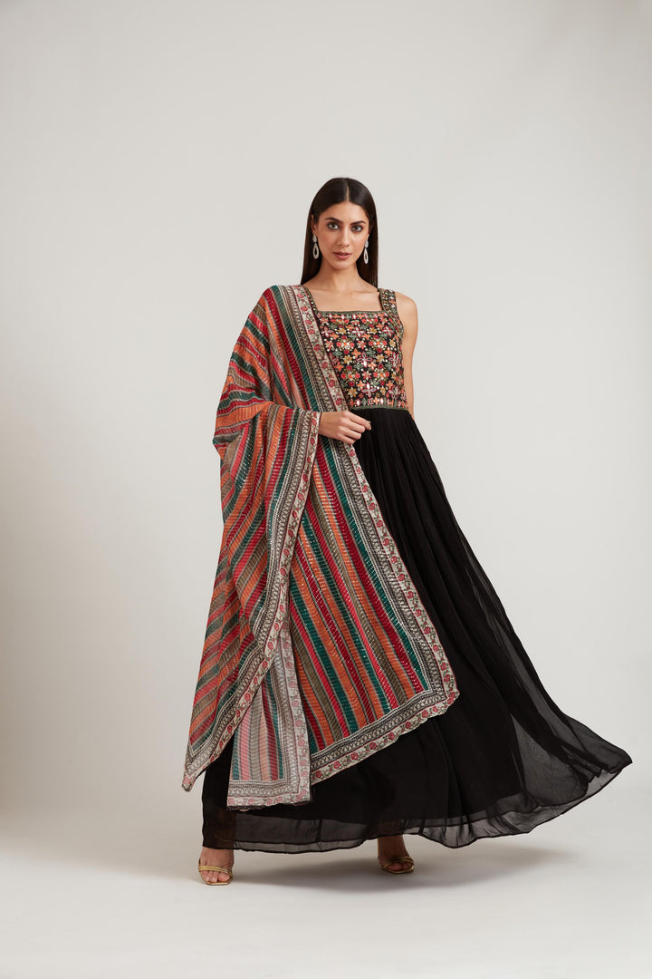 Neerus Black Color Georgette Fabric Anarkali Suit