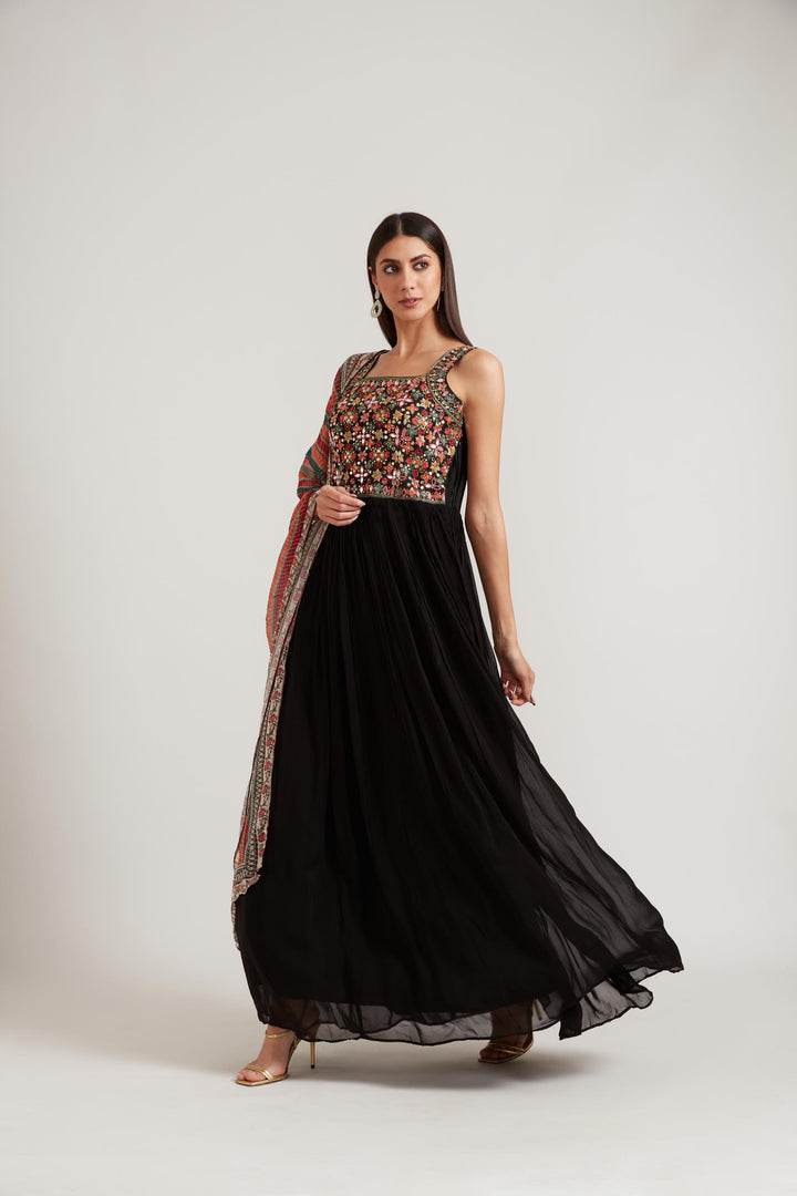 Neerus Black Color Georgette Fabric Anarkali Suit
