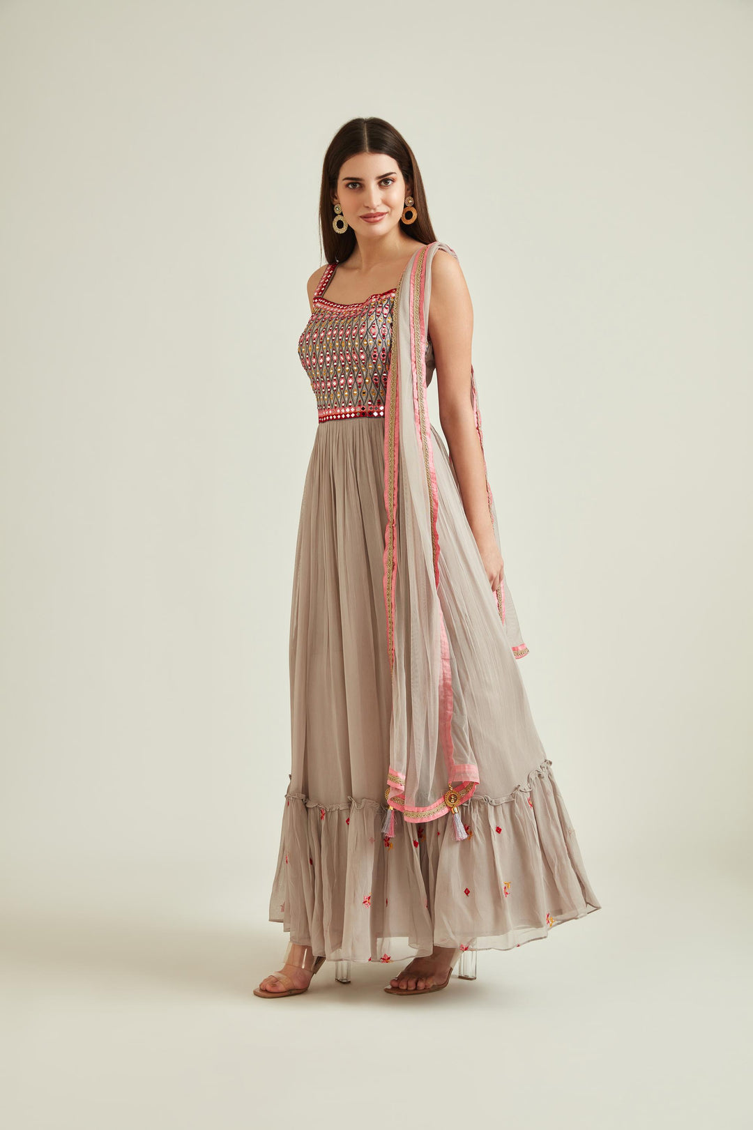 Neerus Grey georgette embroidered tiered gown - front view