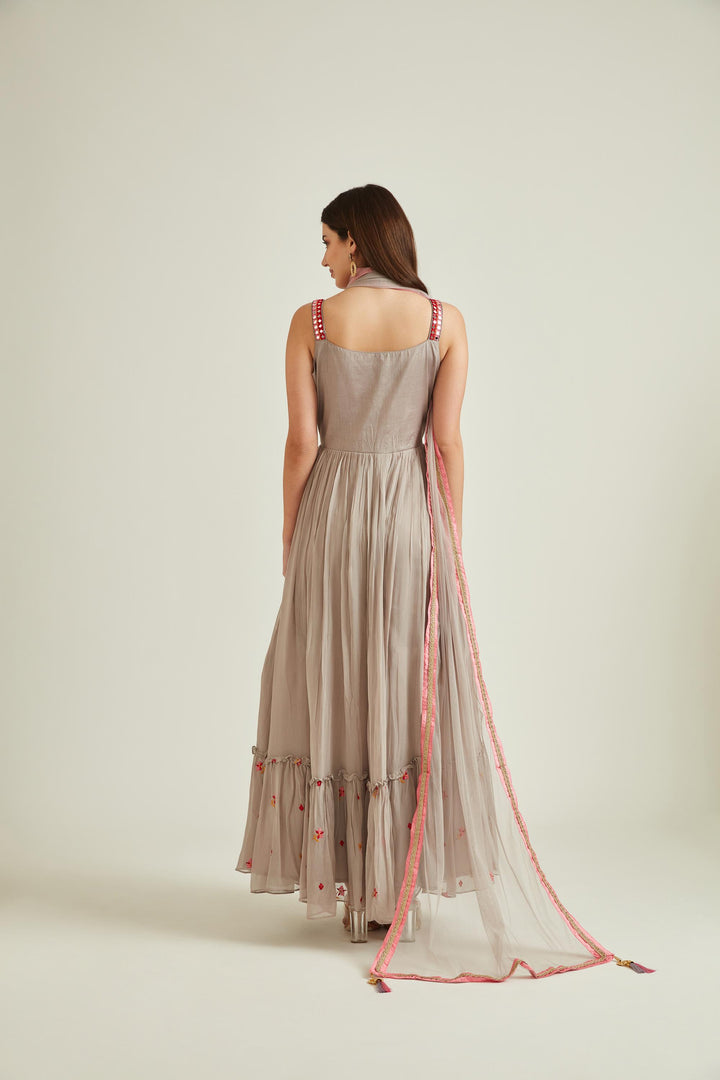 Neerus Grey georgette embroidered tiered gown - back view