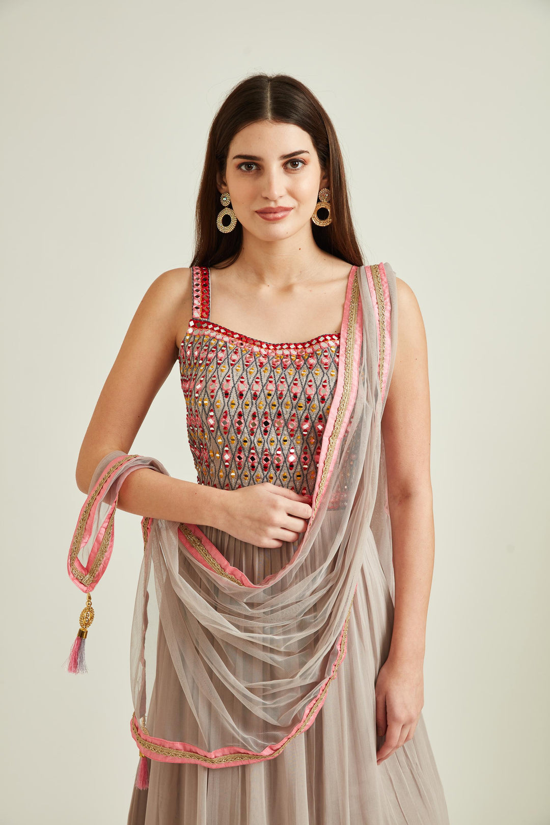 Neerus Grey georgette embroidered tiered gown - side view