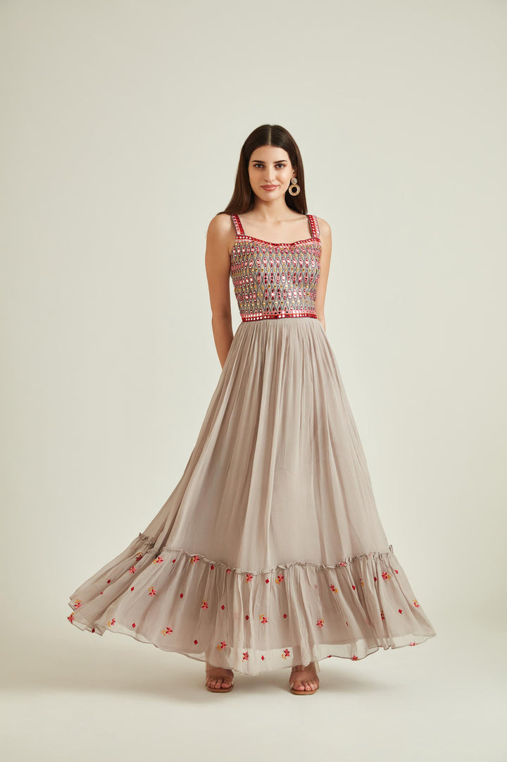 Neerus Grey georgette embroidered tiered gown - detail view 1