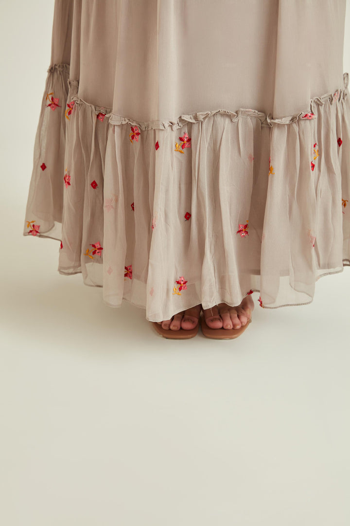 Neerus Grey georgette embroidered tiered gown - detail view 2