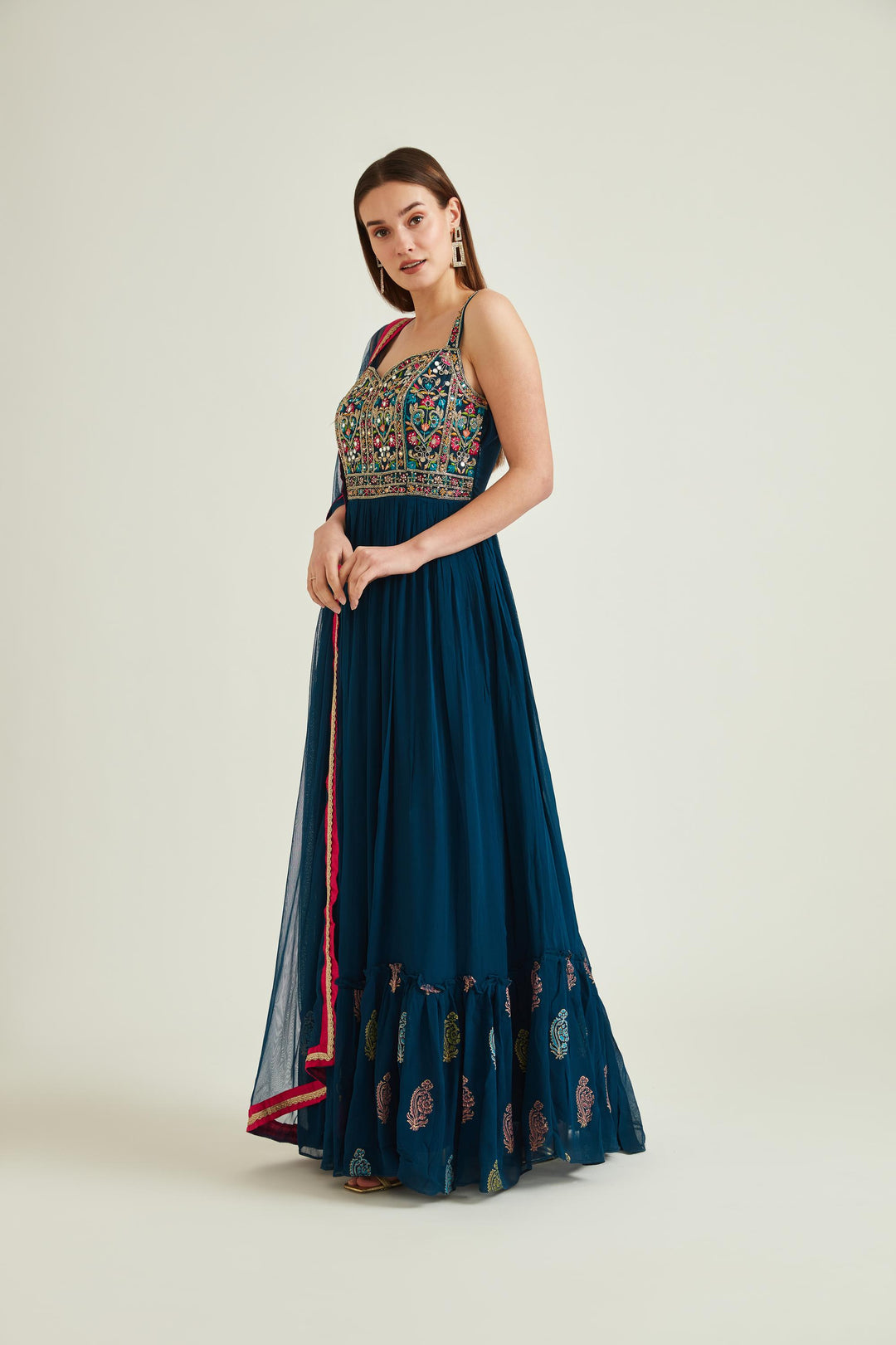 Neerus Blue Georgette Mirror Work Gown - front view