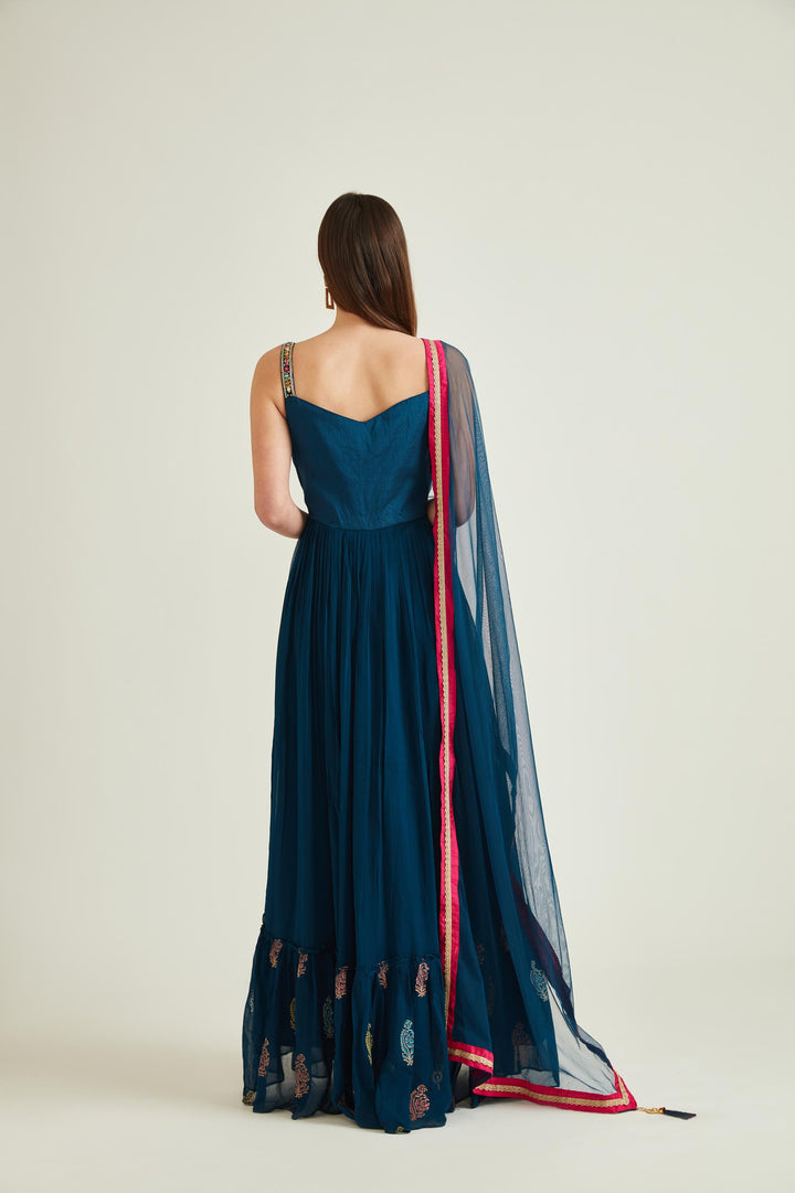 Neerus Blue Georgette Mirror Work Gown - back view