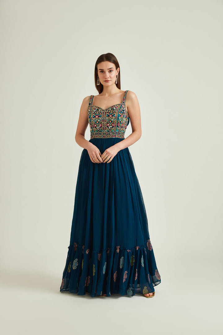 Neerus Blue Georgette Mirror Work Gown - detail view 1