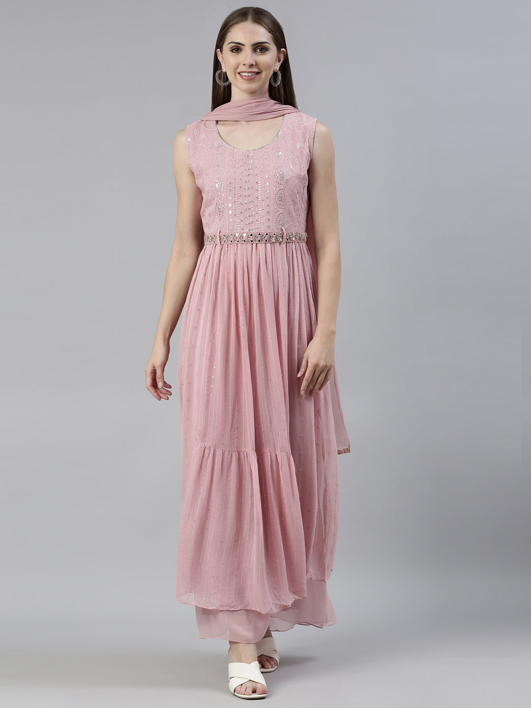 Neerus Pink Regular Knee Length Solid Kurta Solid Palazzos With Dupatta