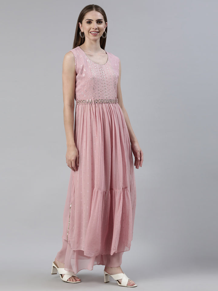 Neerus Pink Regular Knee Length Solid Kurta Solid Palazzos With Dupatta