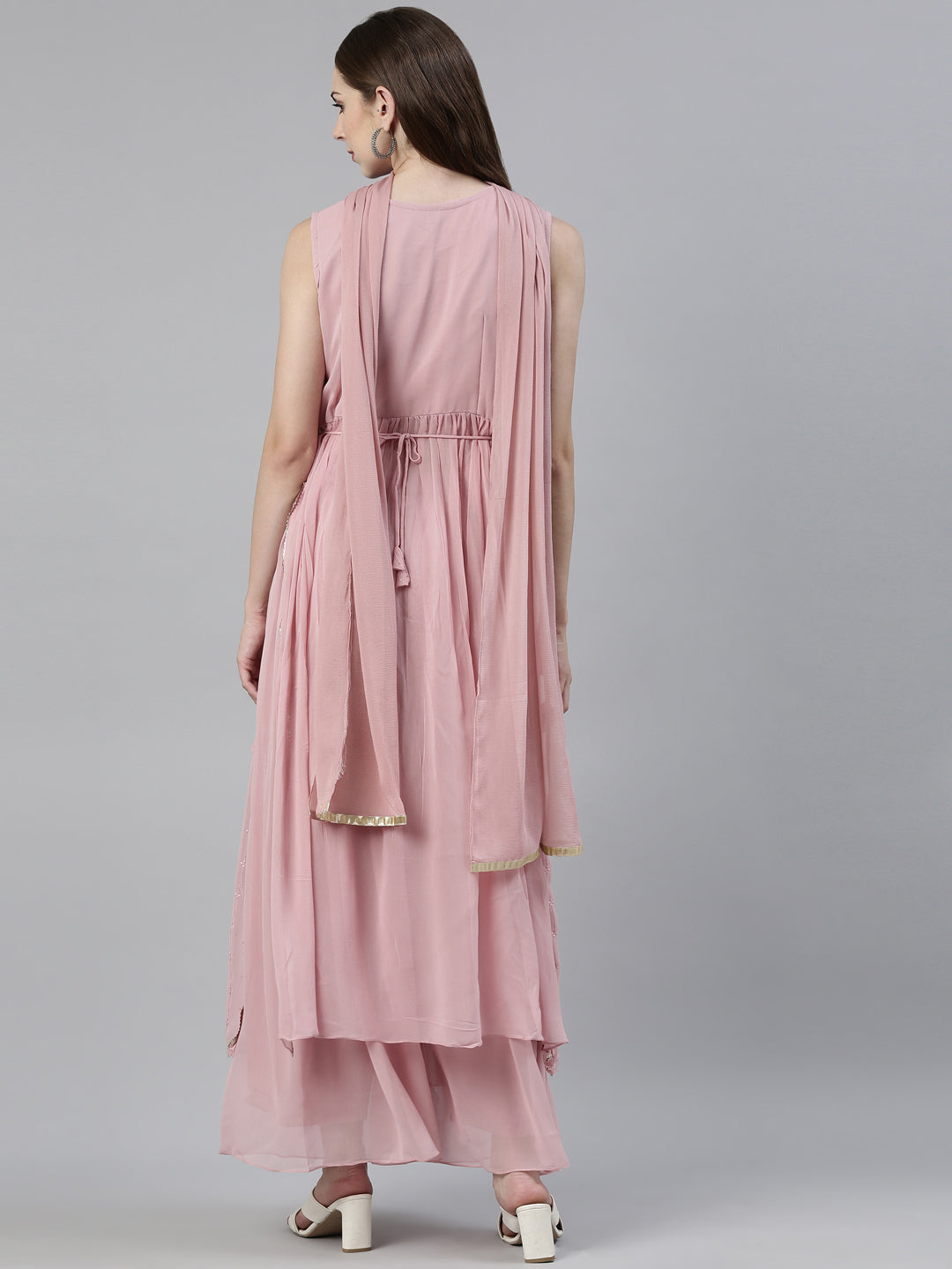 Neerus Pink Regular Knee Length Solid Kurta Solid Palazzos With Dupatta