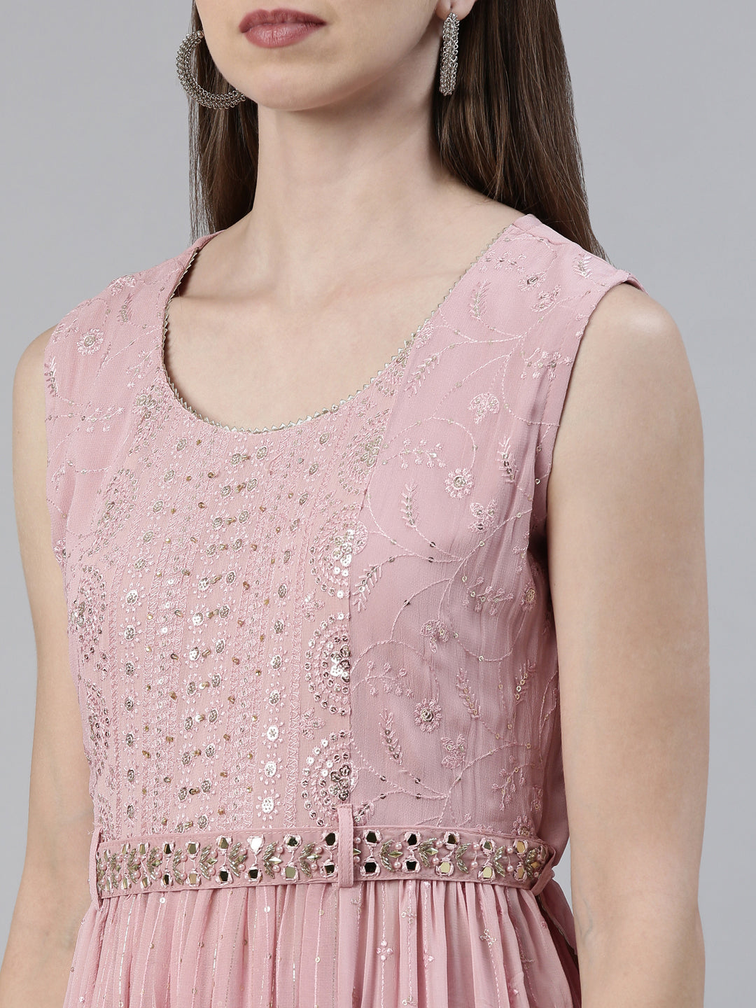 Neerus Pink Regular Knee Length Solid Kurta Solid Palazzos With Dupatta