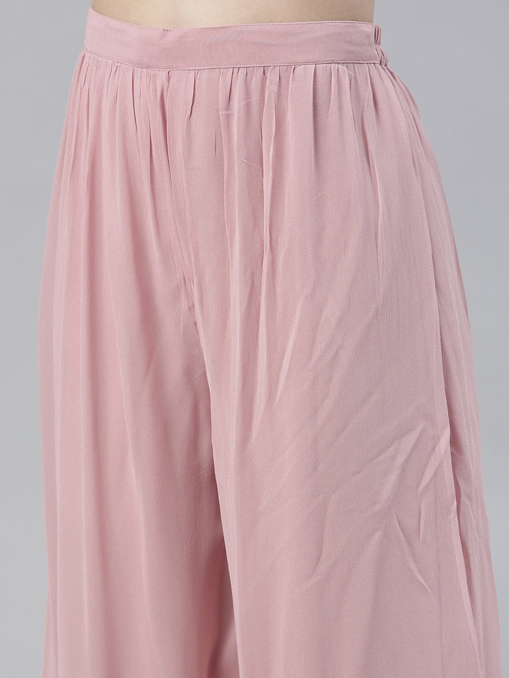 Neerus Pink Regular Knee Length Solid Kurta Solid Palazzos With Dupatta