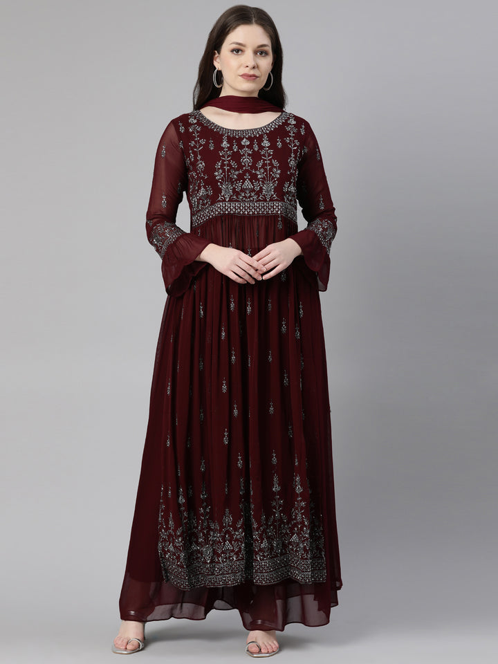 Neerus Burgundy Regular Calf Length Embroidered Kurta Solid Palazzos With Dupatta