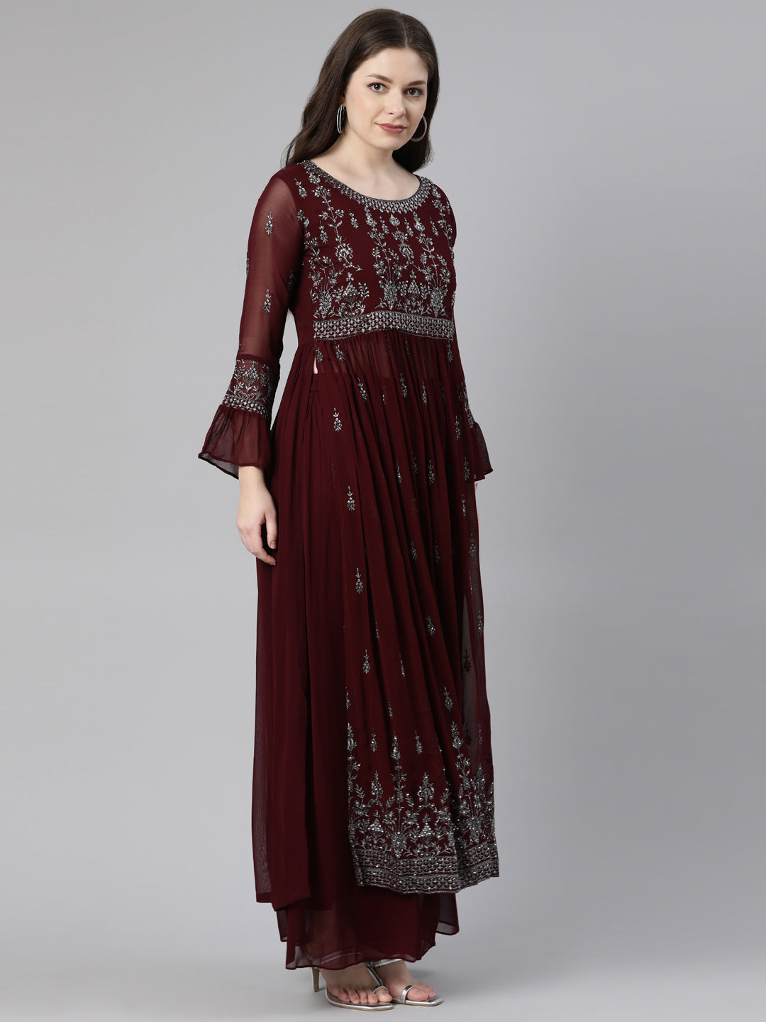 Neerus Burgundy Regular Calf Length Embroidered Kurta Solid Palazzos With Dupatta