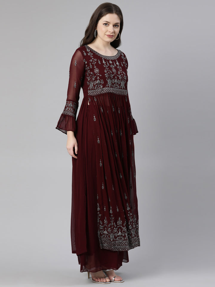 Neerus Burgundy Regular Calf Length Embroidered Kurta Solid Palazzos With Dupatta