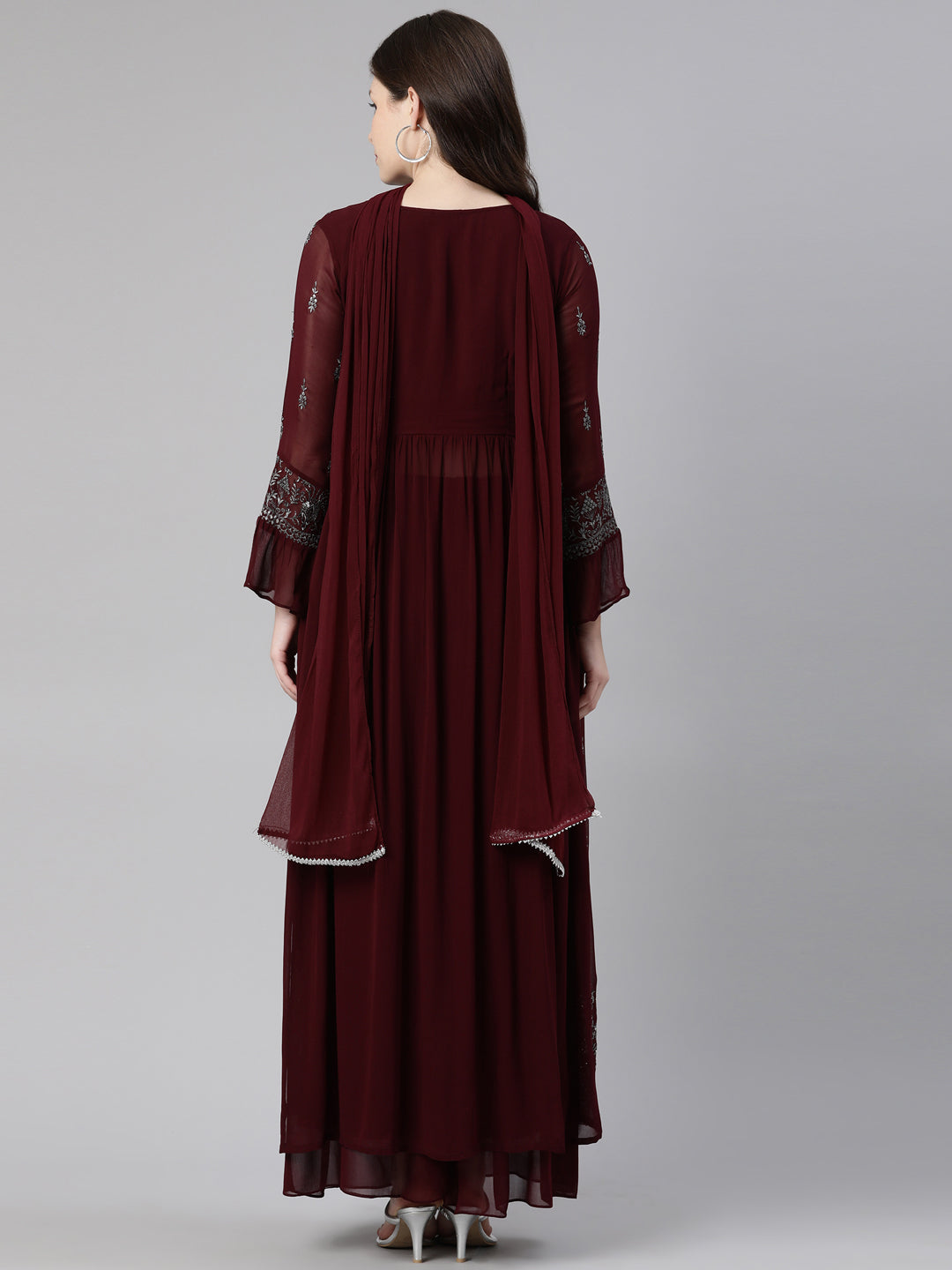 Neerus Burgundy Regular Calf Length Embroidered Kurta Solid Palazzos With Dupatta