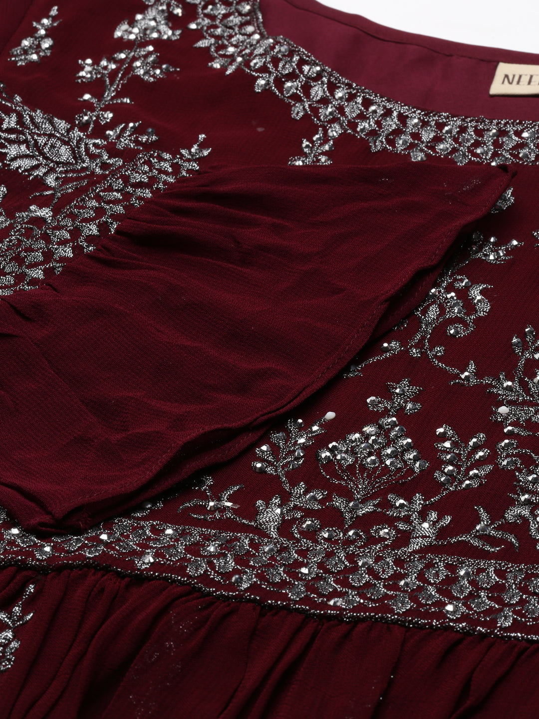 Neerus Burgundy Regular Calf Length Embroidered Kurta Solid Palazzos With Dupatta