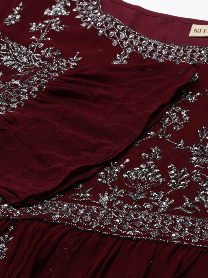 Neerus Burgundy Regular Calf Length Embroidered Kurta Solid Palazzos With Dupatta