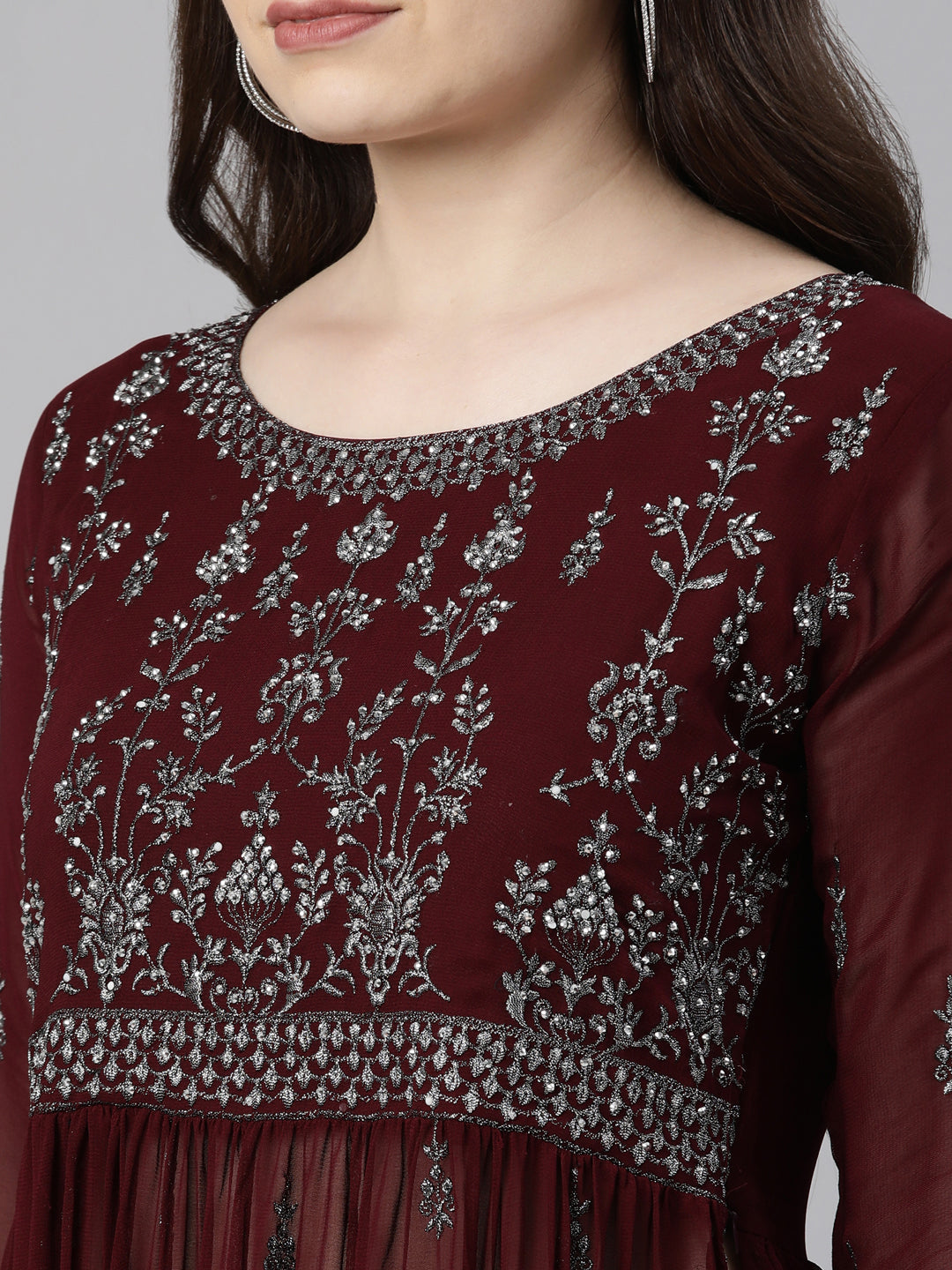 Neerus Burgundy Regular Calf Length Embroidered Kurta Solid Palazzos With Dupatta