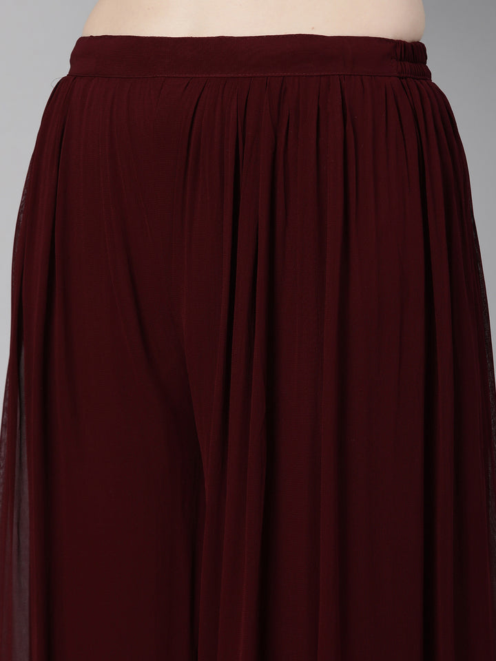 Neerus Burgundy Regular Calf Length Embroidered Kurta Solid Palazzos With Dupatta